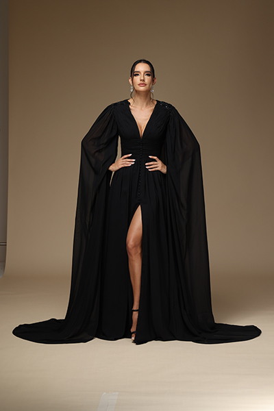 Ovlias Long Sleeve Black Prom Dress Deep V-Neck BallGown With High Split 