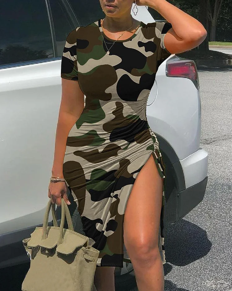 Plus Size Camo Casual Camouflage Print Drawstring High Slit Midi Dress