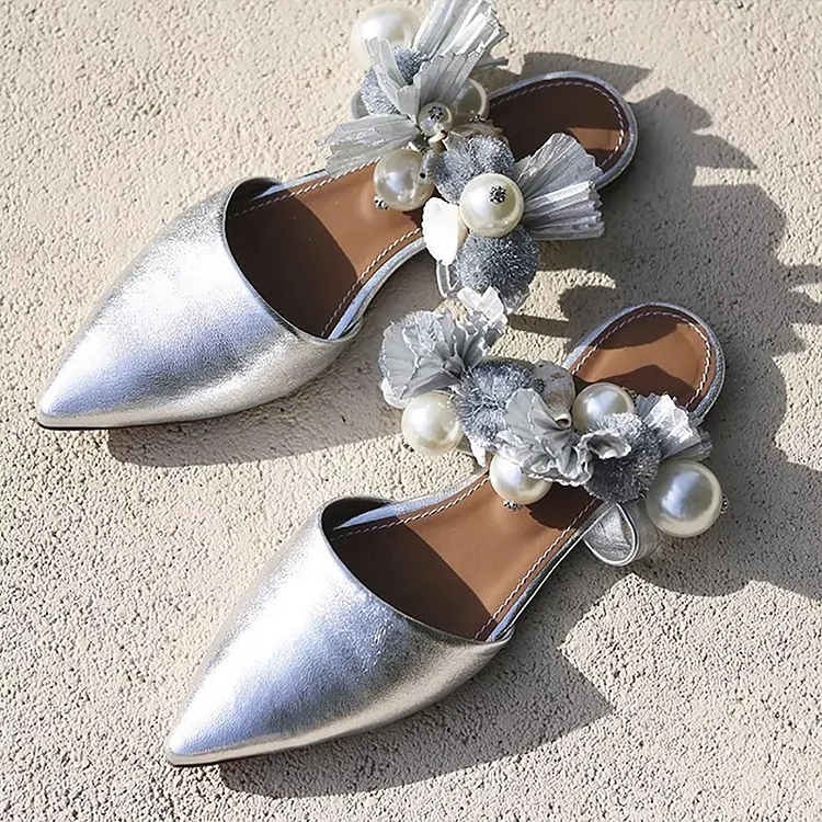 Silver Pointy Toe Flats Bridal Shoes Women's Party Mules |FSJ Shoes