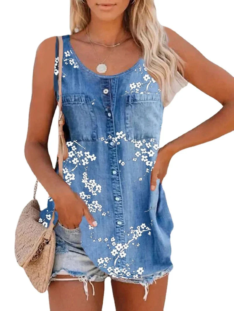Nigikala Nigikala Women's 2025 Summer New Fashion Imitation Denim Vest Casual Print Sleeveless Top