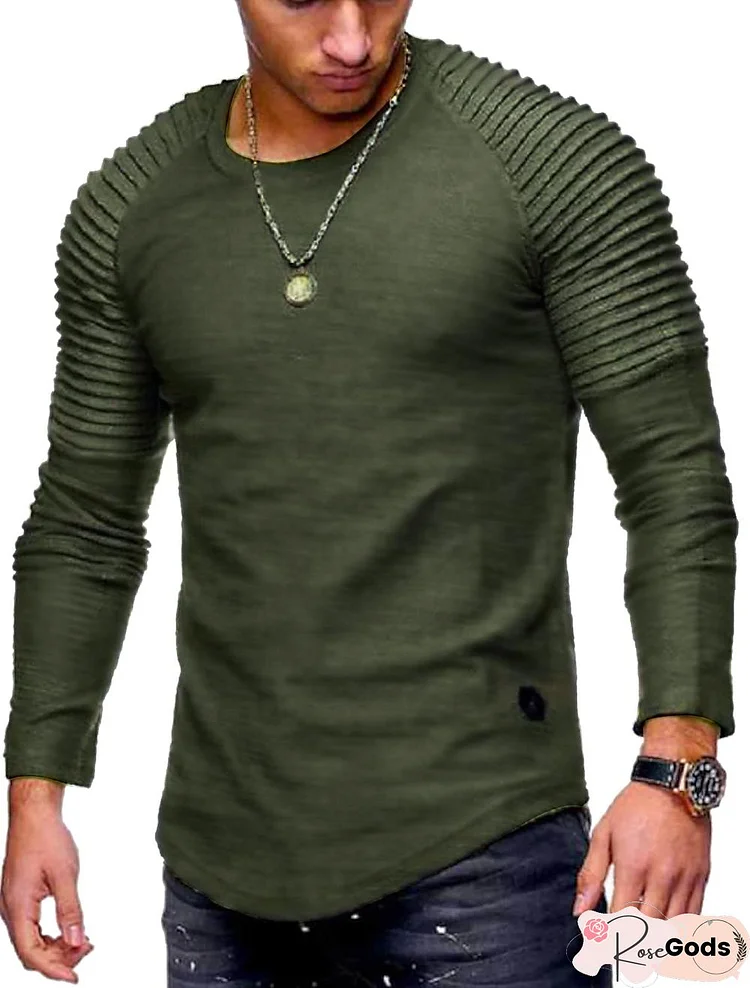 Men's T Shirt Non-Printing Solid Colored Plus Size Long Sleeve Daily Tops Cotton Round Neck Army Green Gray Khaki