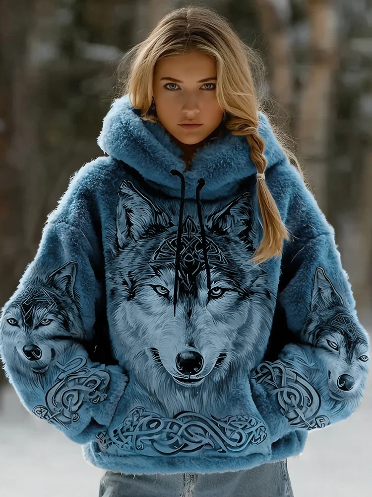 Women's Vintage Viking Celtic Wolf Art Plush Cozy Hoodie