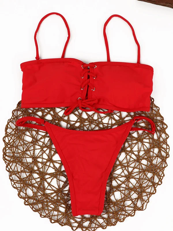 Solid Color Lace-Up Bikinis Swimsuit
