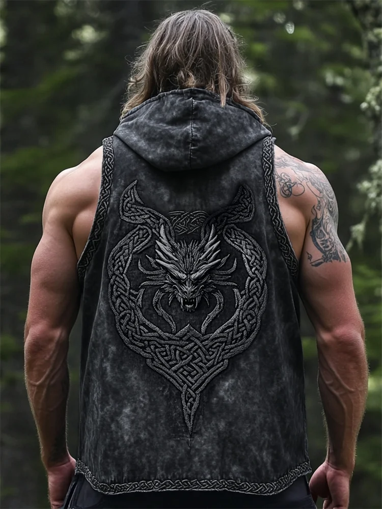 Men's Dragon Face Viking Celtic Washed Hooded Tank Top