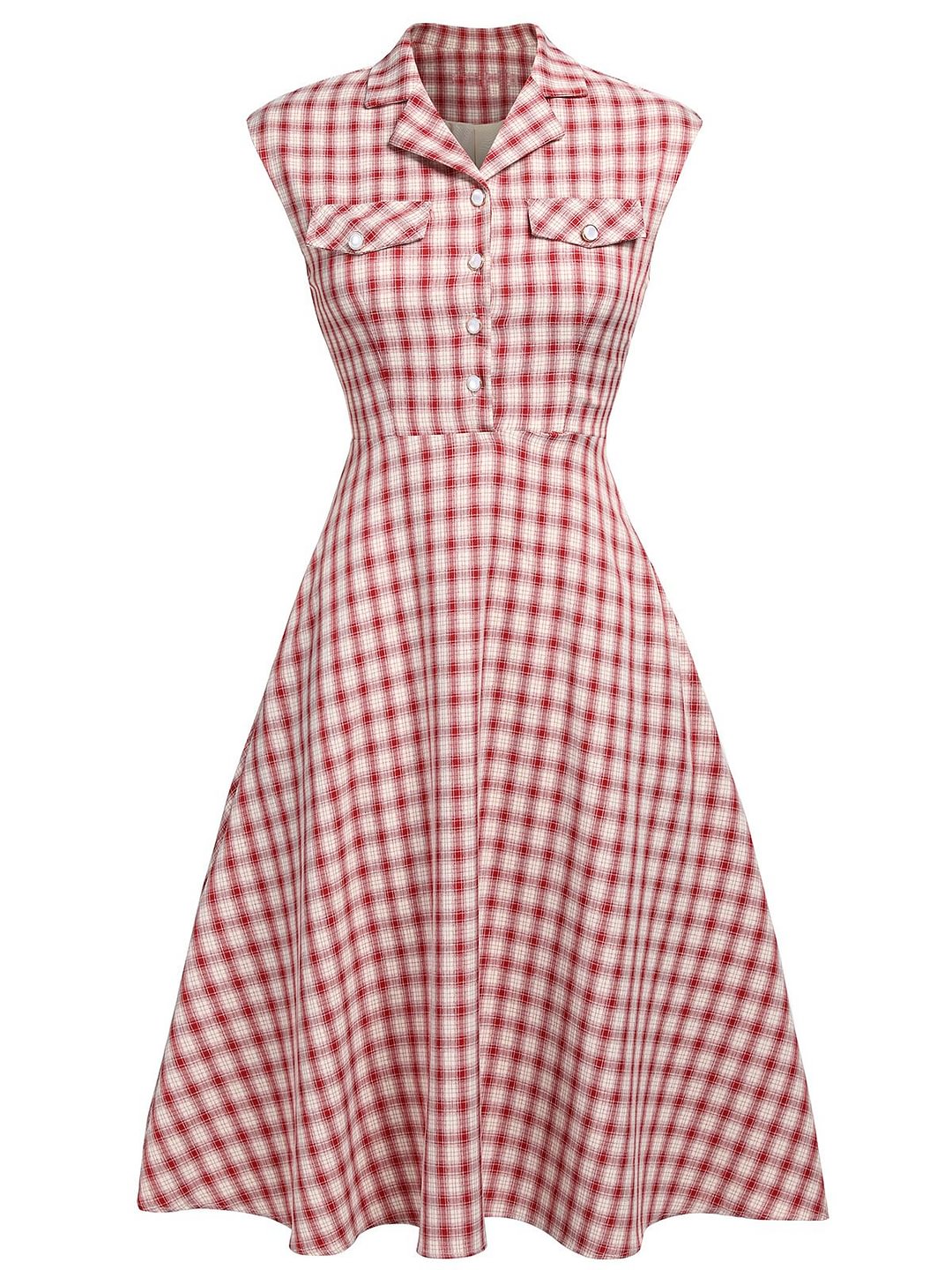 Pink 1950s Plaid Lapel Collar Swing Dress
