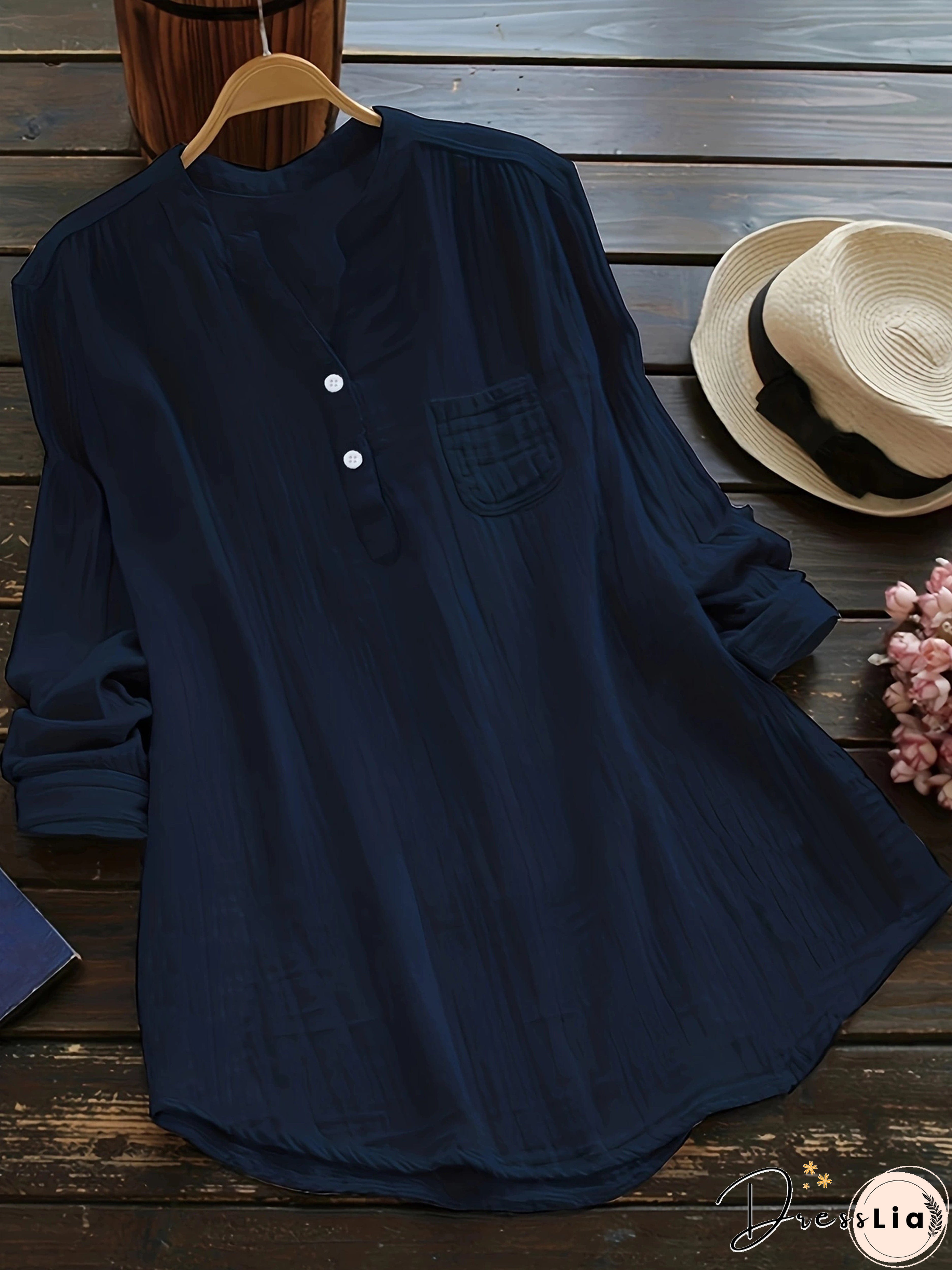 Plus Size Casual Blouse, Women's Plus Solid Long Sleeve Notched Neck Ruched Back Round Hem Slight Stretch Henley Blouse With Pocket