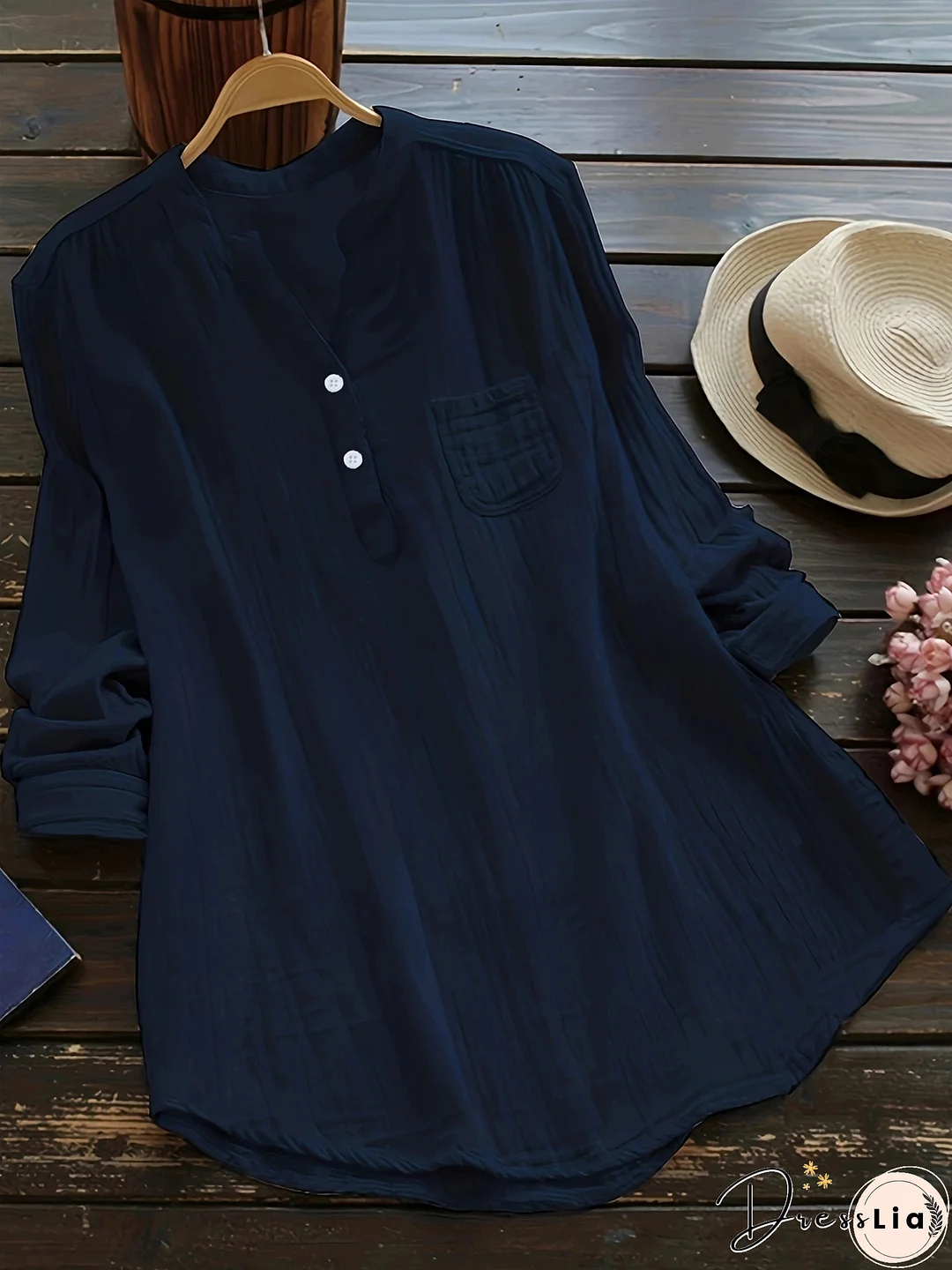 Plus Size Casual Blouse, Women's Plus Solid Long Sleeve Notched Neck Ruched Back Round Hem Slight Stretch Henley Blouse With Pocket