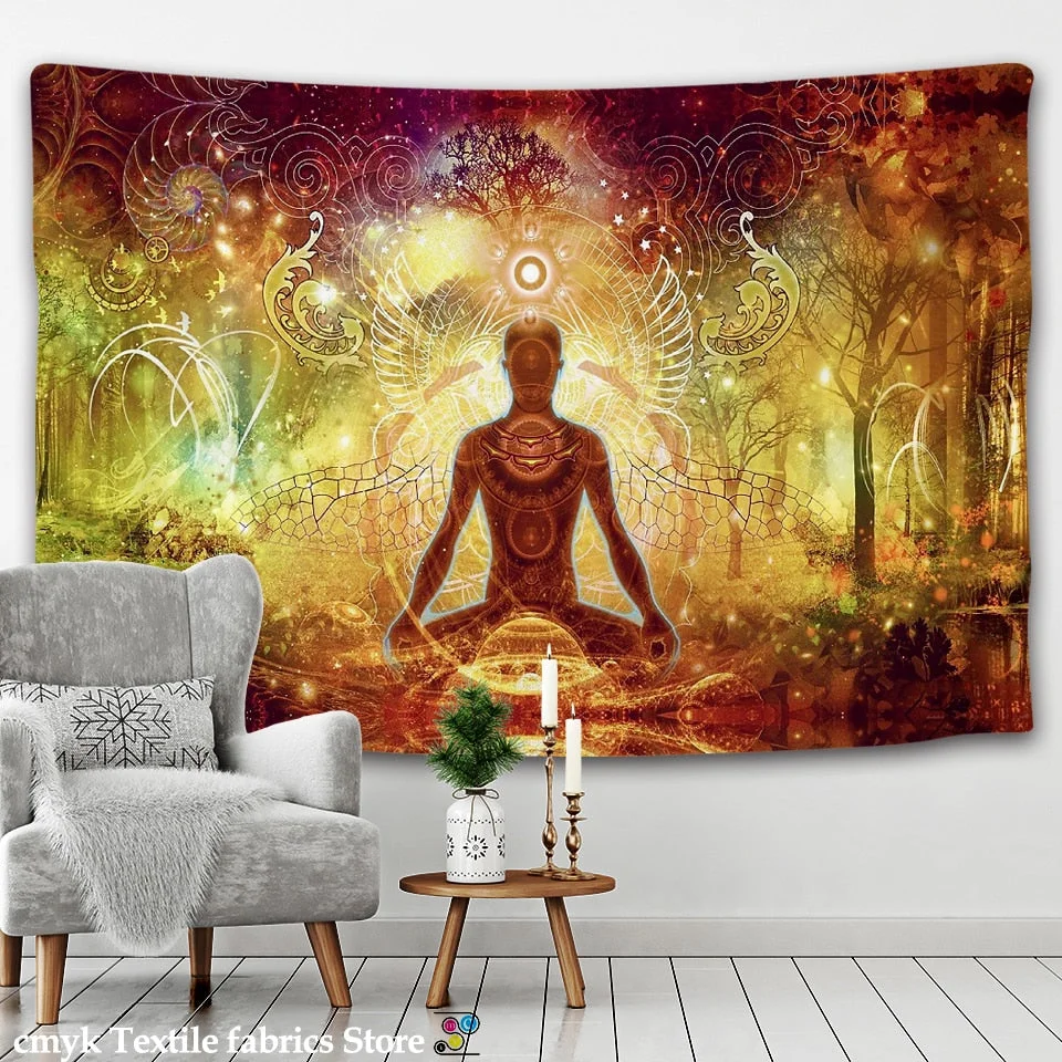 Indian Buddha Statue Meditation 7 Chakra Tapestry Wall Hanging Mandala Tapestries Wall Cloth Psychedelic Yoga Carpet Boho Decor
