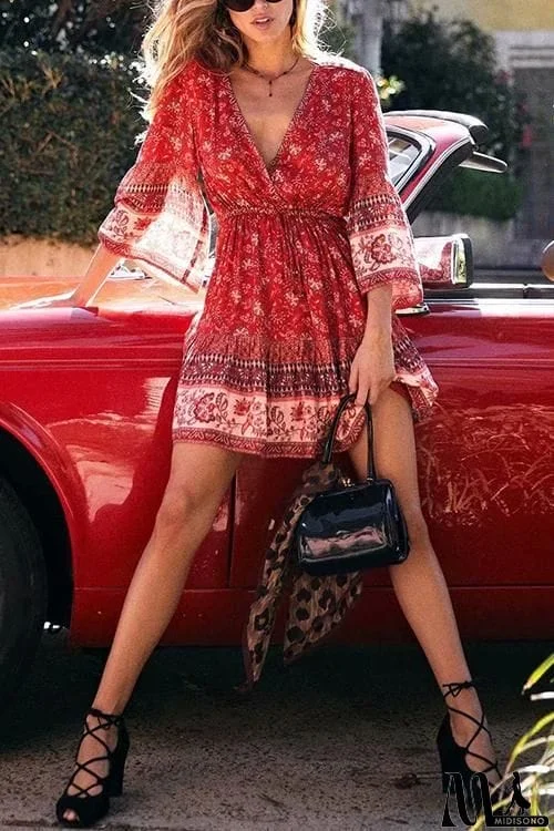 MidiSono - Floral Print Drawstring Mini Dress