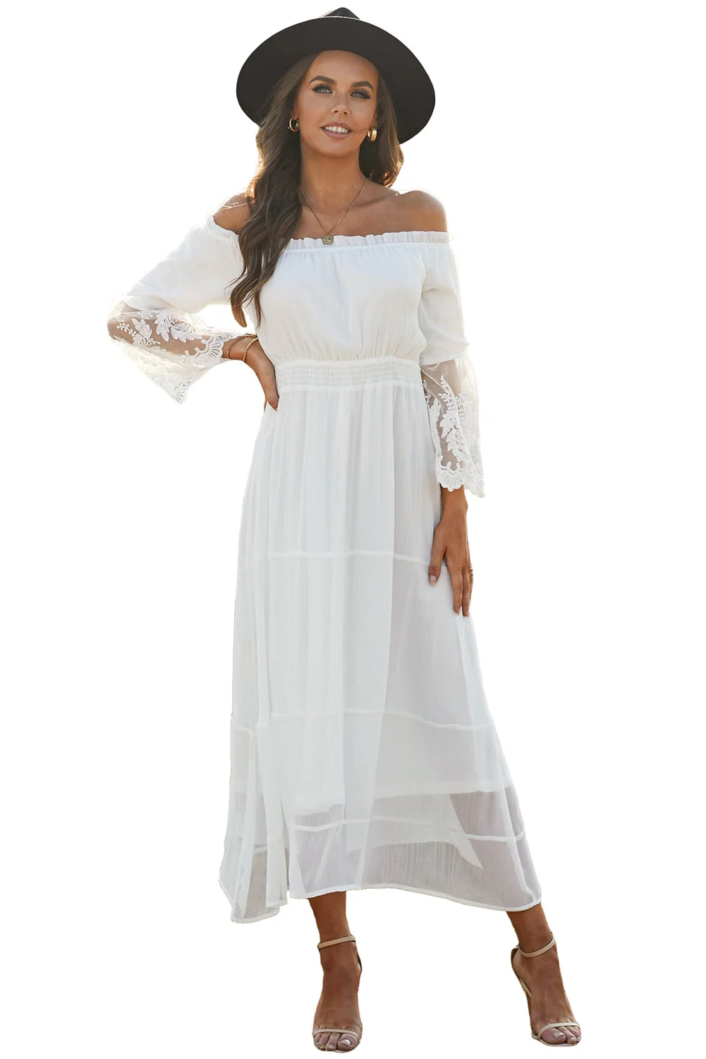 Women White Off Shoulder Embroidered Flared Sleeve Lace Maxi Dress