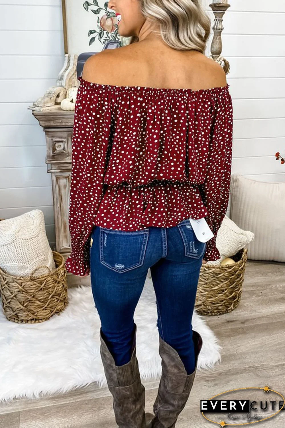 Red Polka Dot Off Shoulder Ruffle Long Sleeve Top