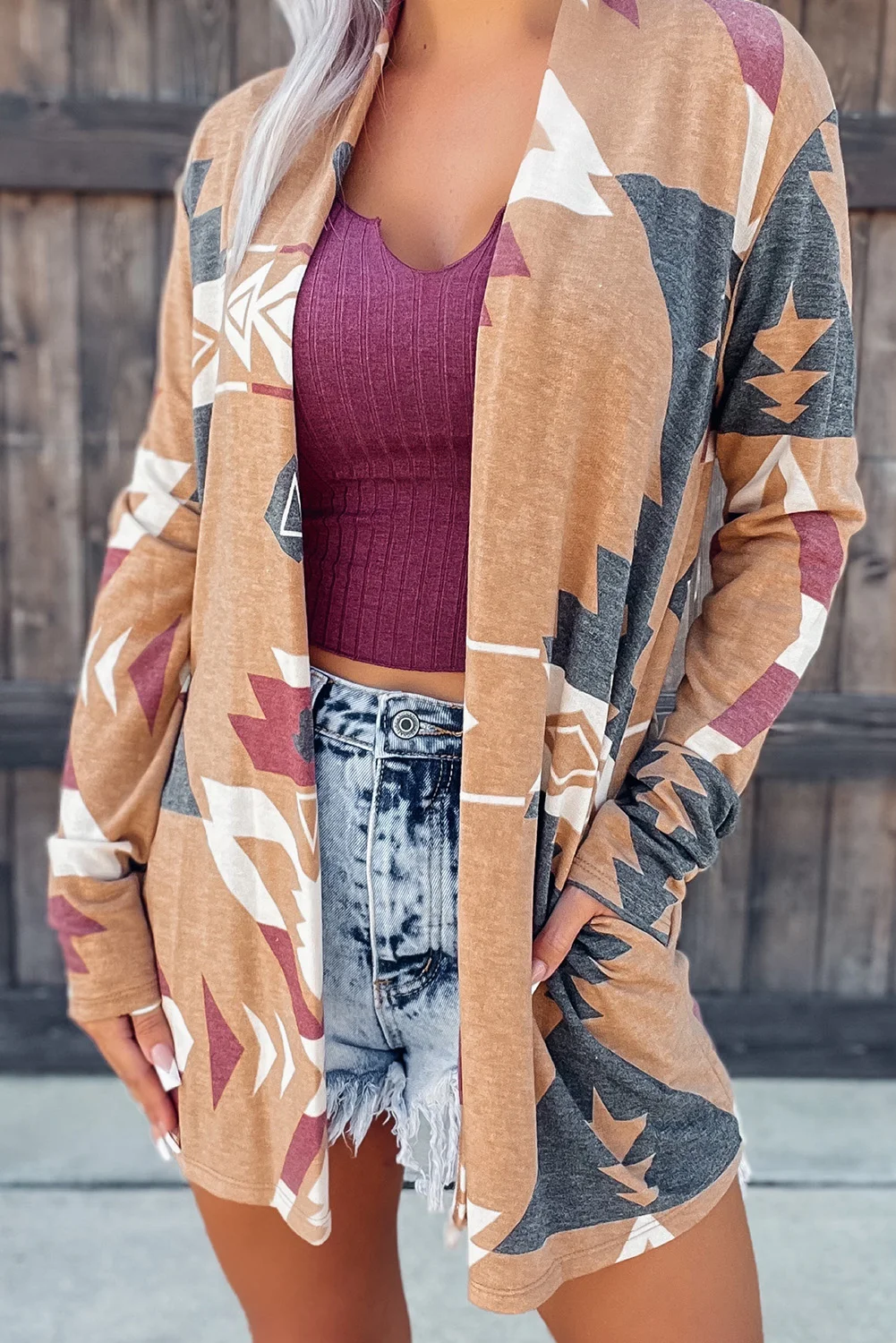 Khaki Western Aztec Print Open Front Cardigan