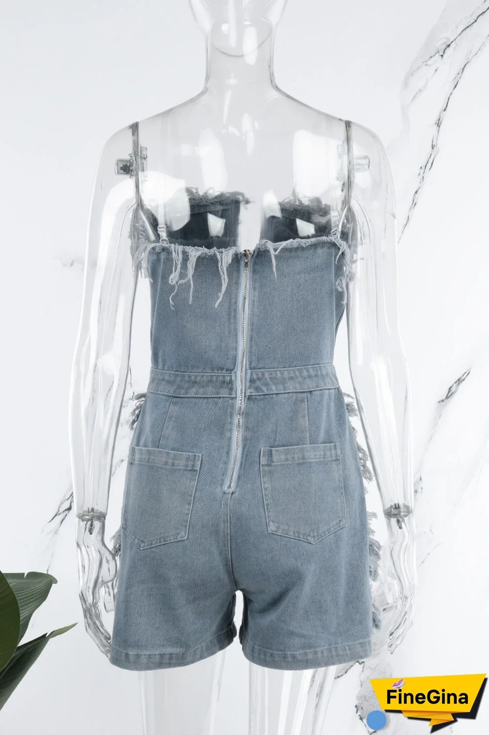 Blue Sexy Casual Street Solid Ripped Pocket Backless Strapless Sleeveless Regular Denim Jumpsuits