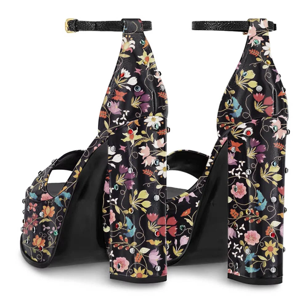 Multicolor Open-Toe Flower Print Rhinestone Platform Sandals