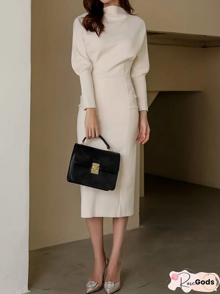 Elegant Plain Long Sleeve Midi Dress