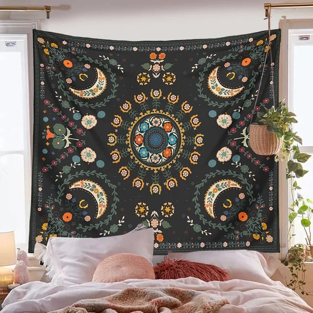Psychedelic Moon Phase Tapestry Bohemia Flowers Plants Pattern Blanket Tapestry Bedroom Bedspread Decoration Sky Carpet