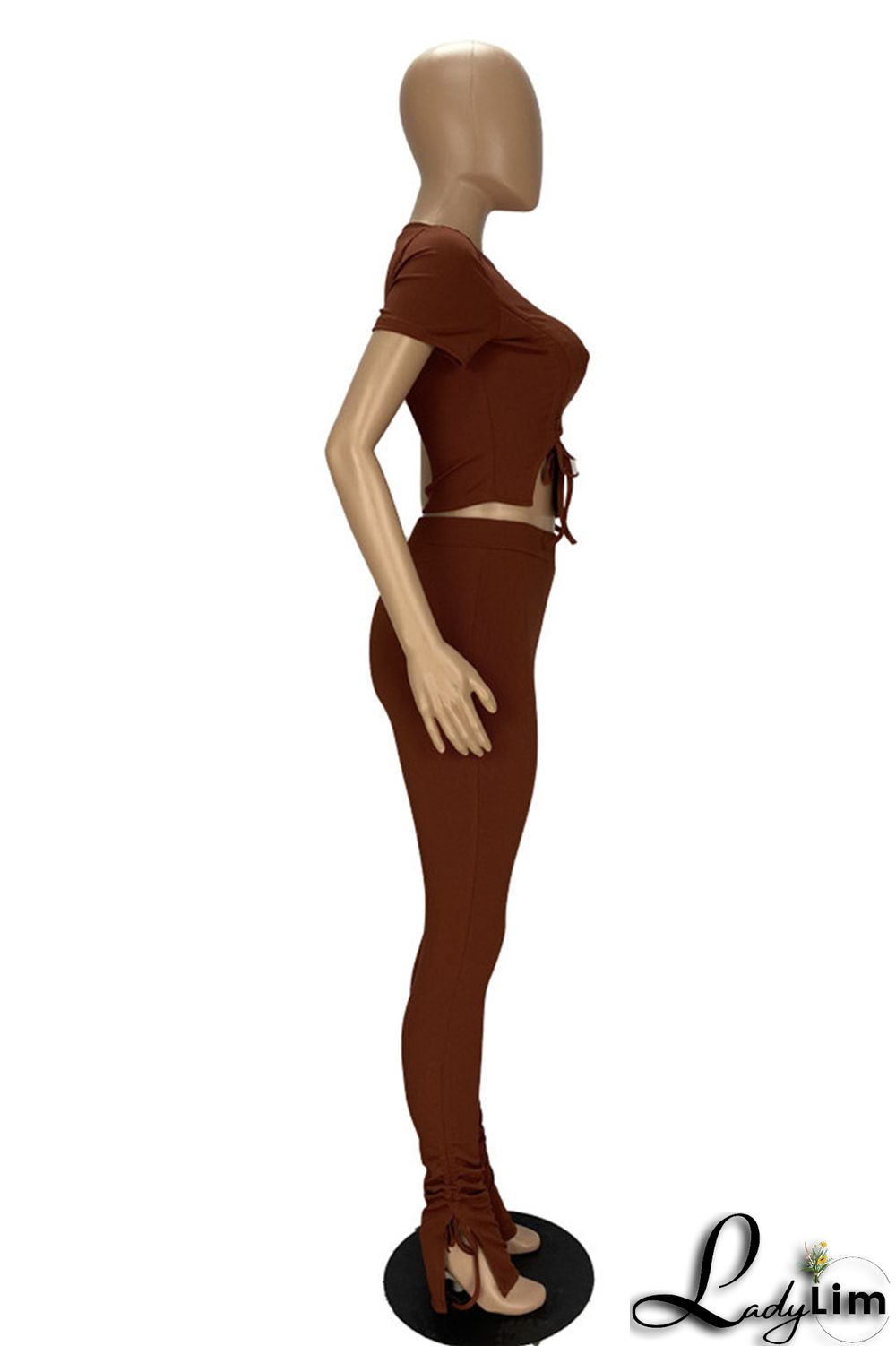 Khaki Fashion Casual Solid Draw String Frenulum O Neck Short Sleeve Two Pieces