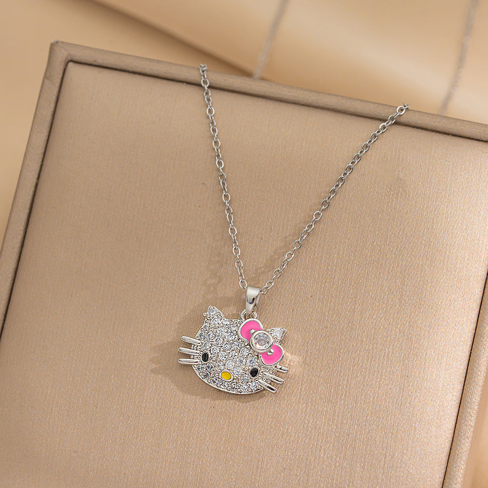 Design Kt Cat Pendant Necklace Micro Inlaid Zircon Copper Plated 18 Gold All-Match Clavicle Chain