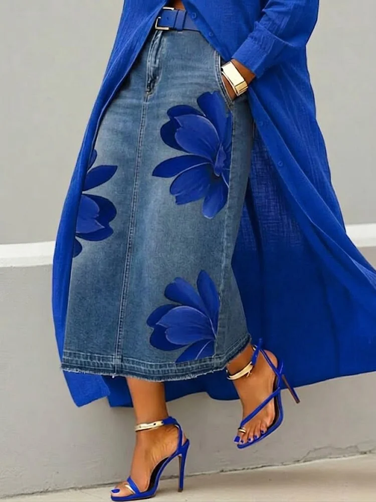 Casual Artistic Floral-print Denim Skirt