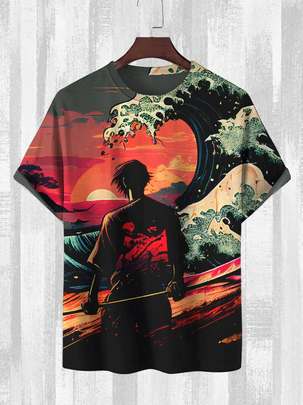 Men's Japanese Great Wave Sunset Scenery Print Casual T-Shirt