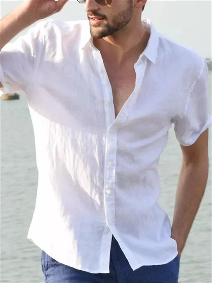 Male Color Summer New Men's Solid Color Casual Short-sleeved Casual Lapel Single-breasted Cardigan Linen Shirt