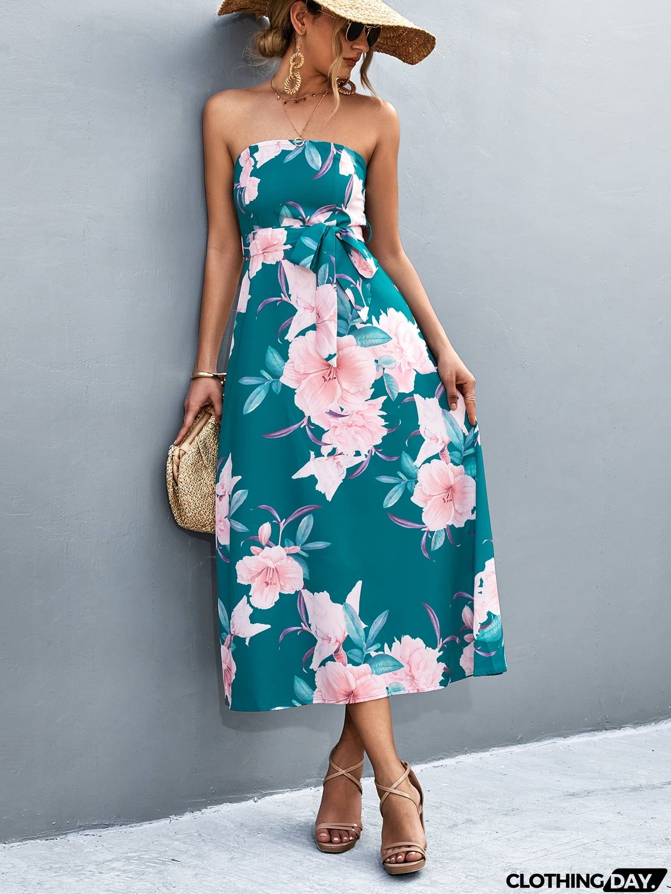 Floral Print Tie Waist Straight Neck Midi Dress