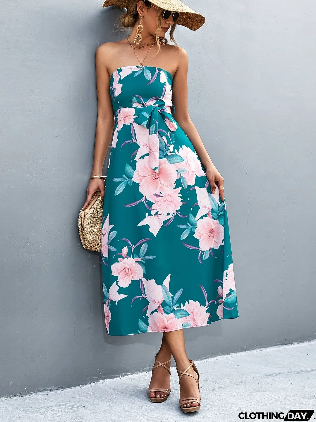 Floral Print Tie Waist Straight Neck Midi Dress