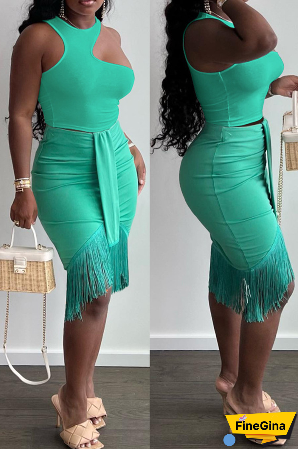 White Green Sexy Solid Tassel O Neck Sleeveless Two Pieces