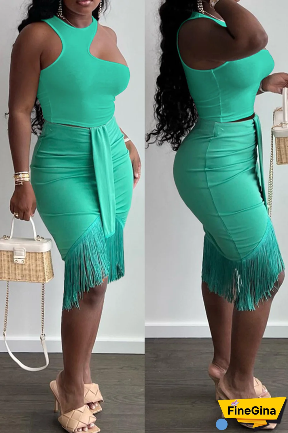 White Green Sexy Solid Tassel O Neck Sleeveless Two Pieces