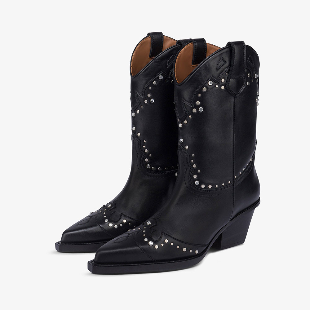 Black Pull Tab Pointed Toe Chunky Heel Booties for Women with Studs Nicepairs