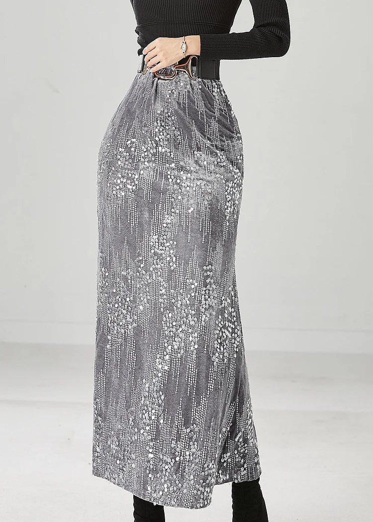 Grey Silk Velour Skirts Sequins High Waist Winter