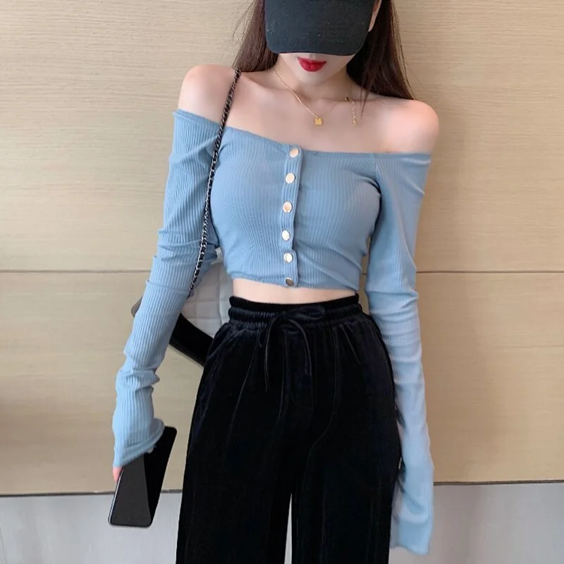 Knitted Off Shoulder Top Blouse Long Sleeve Sexy Button Up Shirt Cropped Basic Solid Color Black White Tee Shirts Women