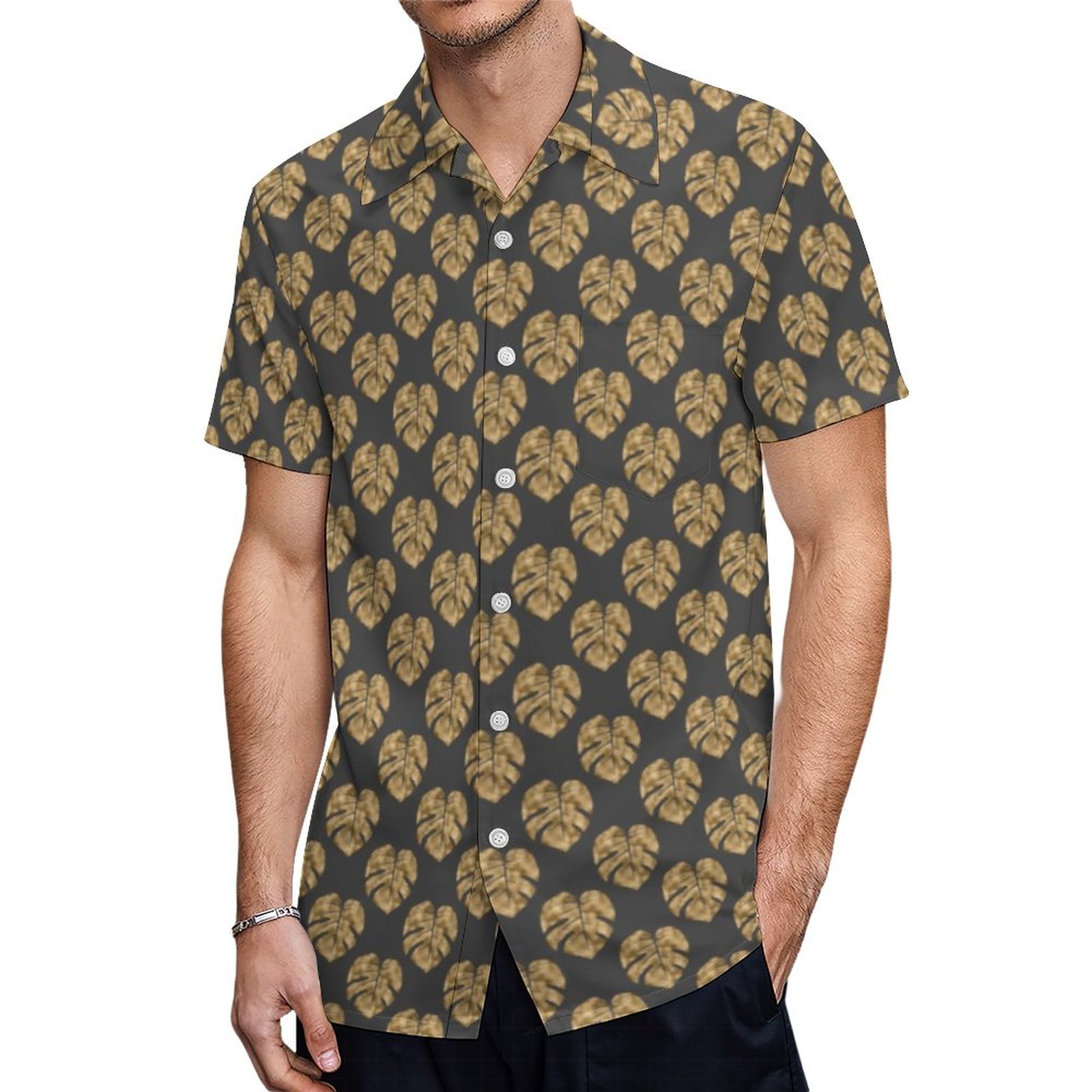 Gray Gold Palm Leaf Pattern Monstera Deliciosa Hawaiian Shirt Mens Button Down Tropical Hawaii Beach Shirts