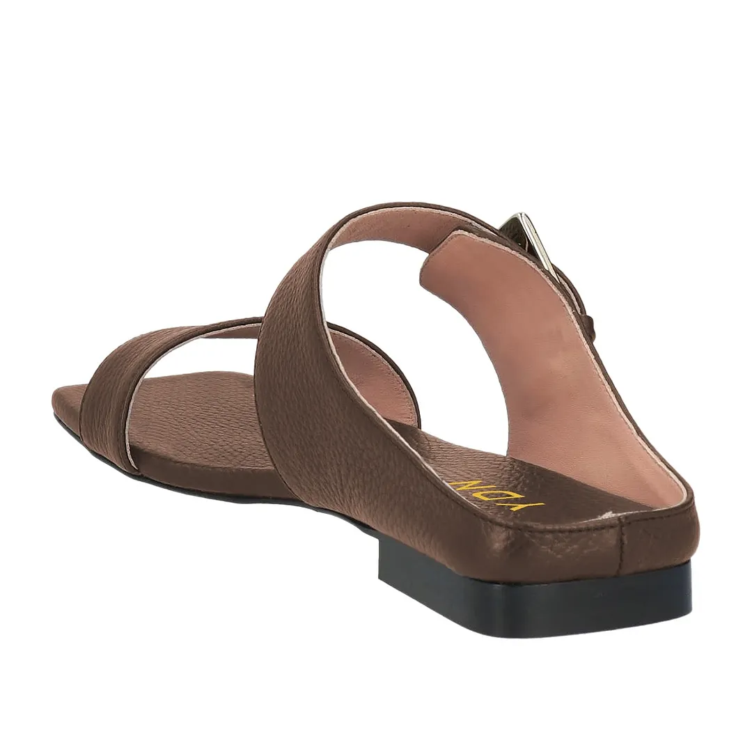 Women's Square Toe Flat Chocolate Brown Mules Shoes with Two Straps