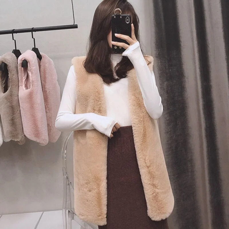 High Quality Faux Fur Vest Coat Women Autumn Winter Sleeveless V-Neck Soft Hairy Waistcoat Fur Jacket Outerwear Plus Size