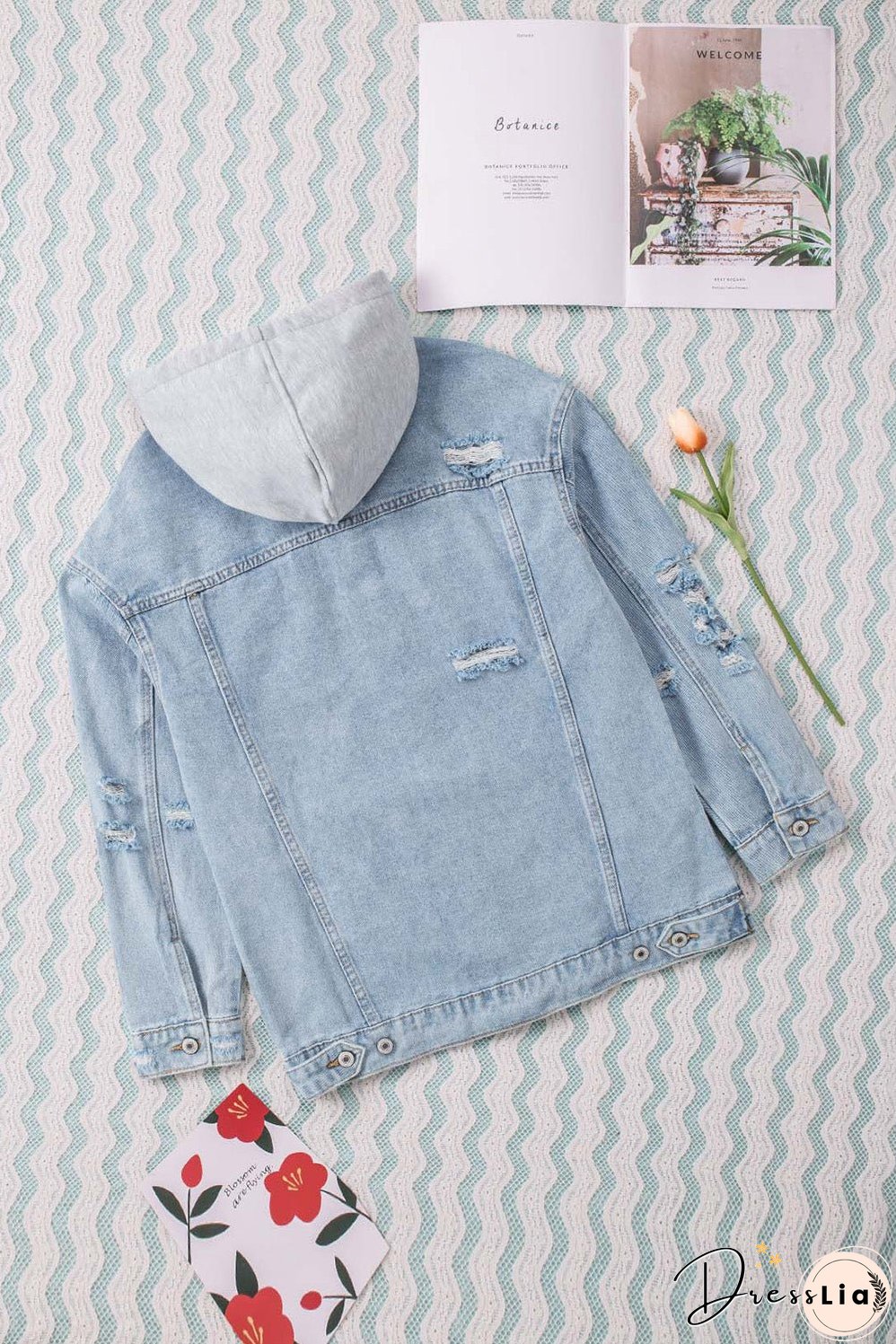 Button Closure Ripped Hooded Denim Jacket