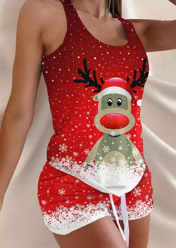 Christmas Reindeer Snowflake Tank And Shorts Pajamas Set