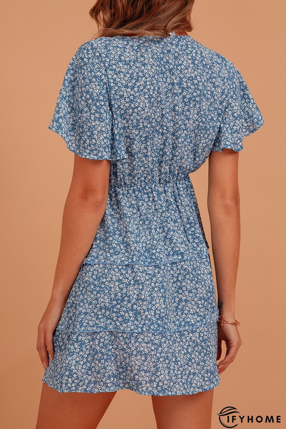 Blue Sweet V Neck Silk-Chiffon Weaving Dress | IFYHOME