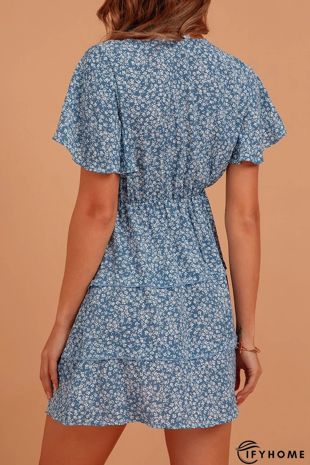 Blue Sweet V Neck Silk-Chiffon Weaving Dress | IFYHOME