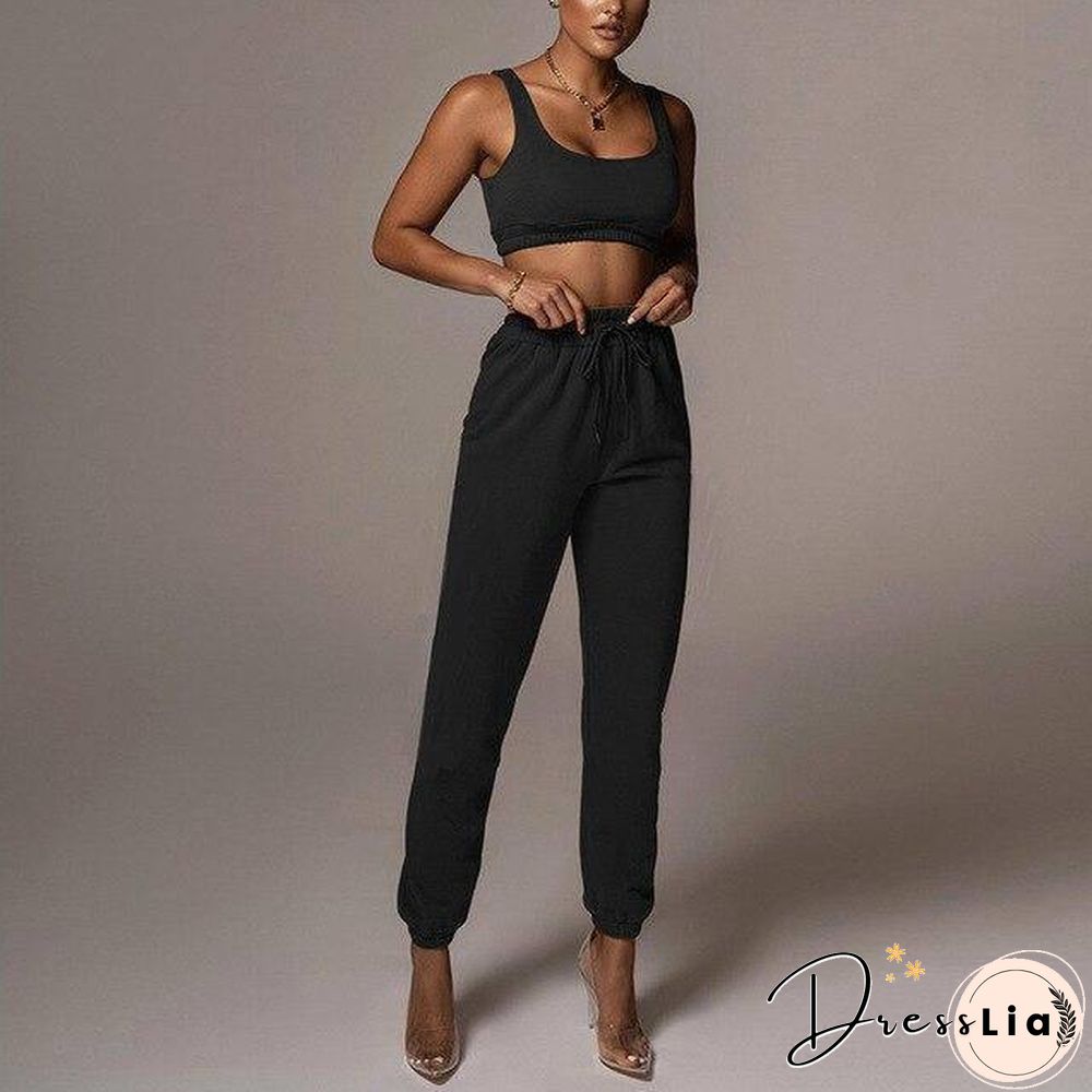 2 Piece Women Sports Casual Set Sweatshirt Crop Tops Pocket Sweatpants Baggy Pants Tracksuit Streetwear Joggers Summer Outfits