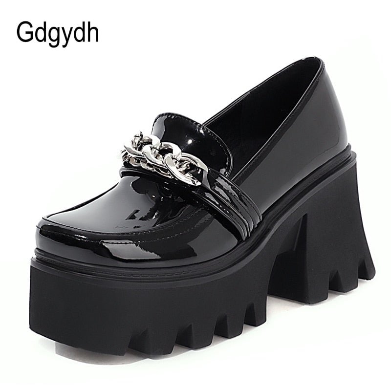 Gdgydh Metal Chain Platform Lolita Goth Japanese School Shoes For Girls Patent Leather Square Toe Women Pumps Block Heel Size 43