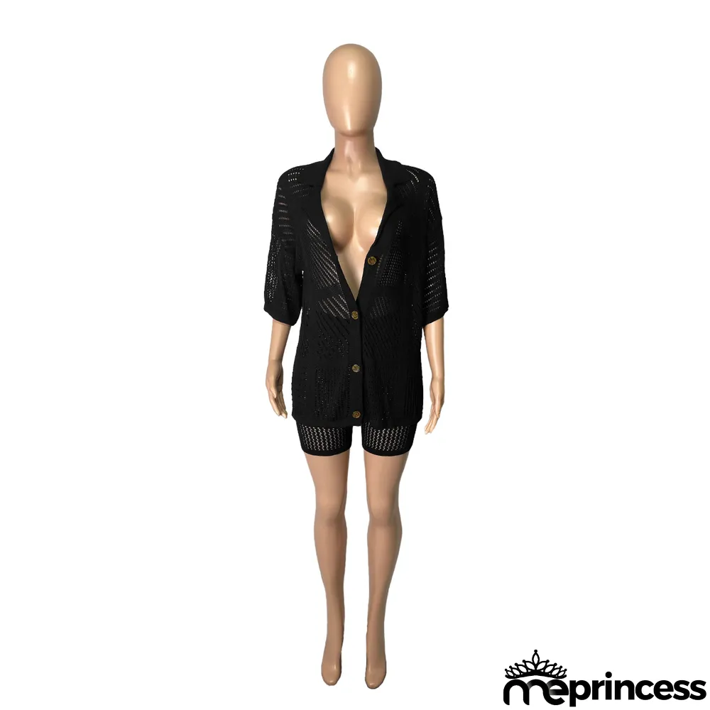 Spring Fashion Cardigan Knit Shorts Two Piece Set