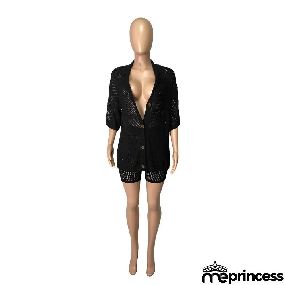 Spring Fashion Cardigan Knit Shorts Two Piece Set