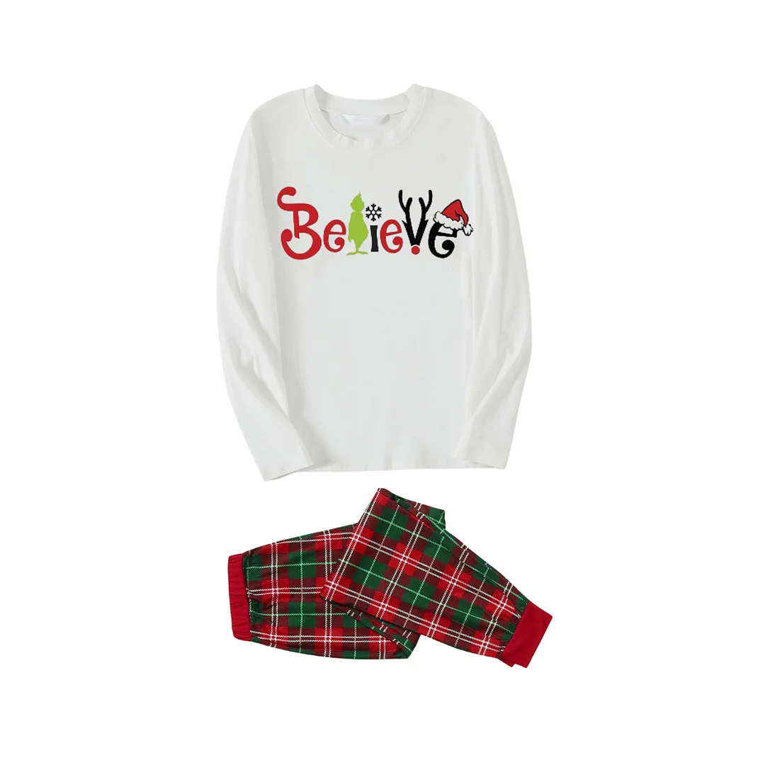 Christmas 2024 "Believe" Letter White Long Sleeve Top with Red & Green Plaid Pants Family Matching Pajamas