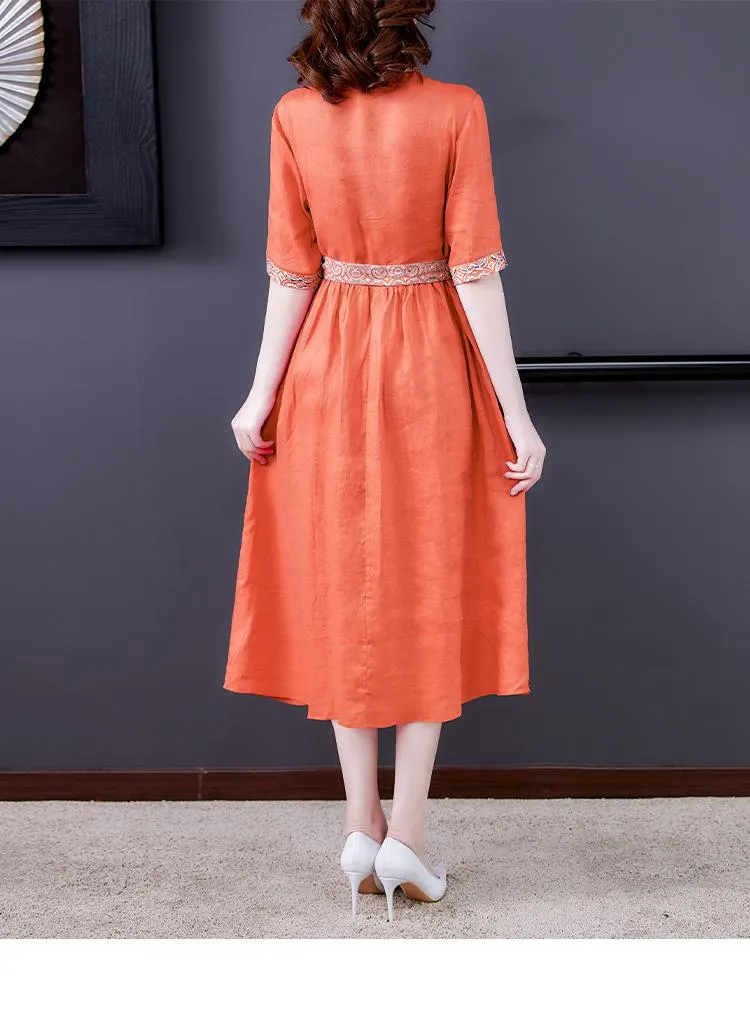 Elegant mid-length cotton and linen dress