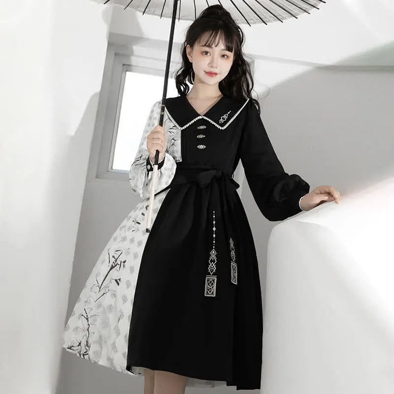 Vintage Bamboo Print Lapel Colorblock Dress