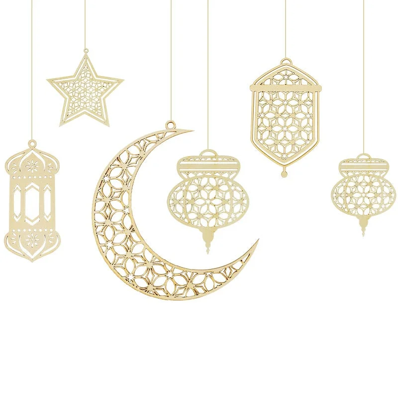 3Pcs Wooden Eid Mubarak Hanging Pendant Ornament Ramadan Kareem Gift Islam Muslim Home Table Decoration DIY Craft Party Supplies