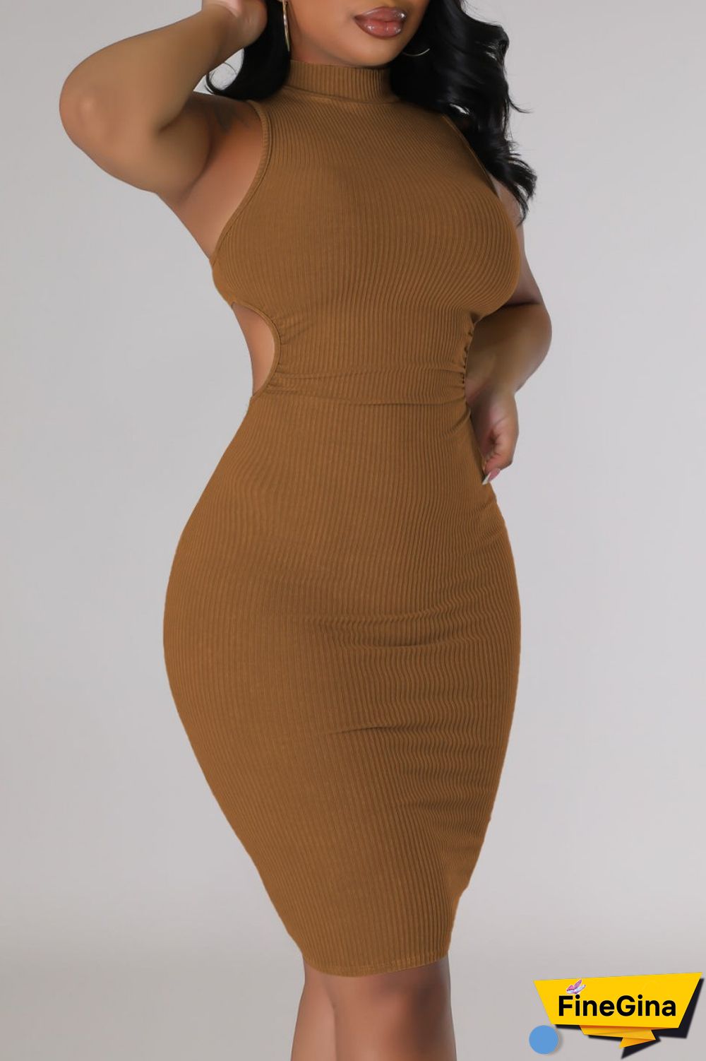 Cream White Casual Solid Hollowed Out Turtleneck Sleeveless Dress Dresses