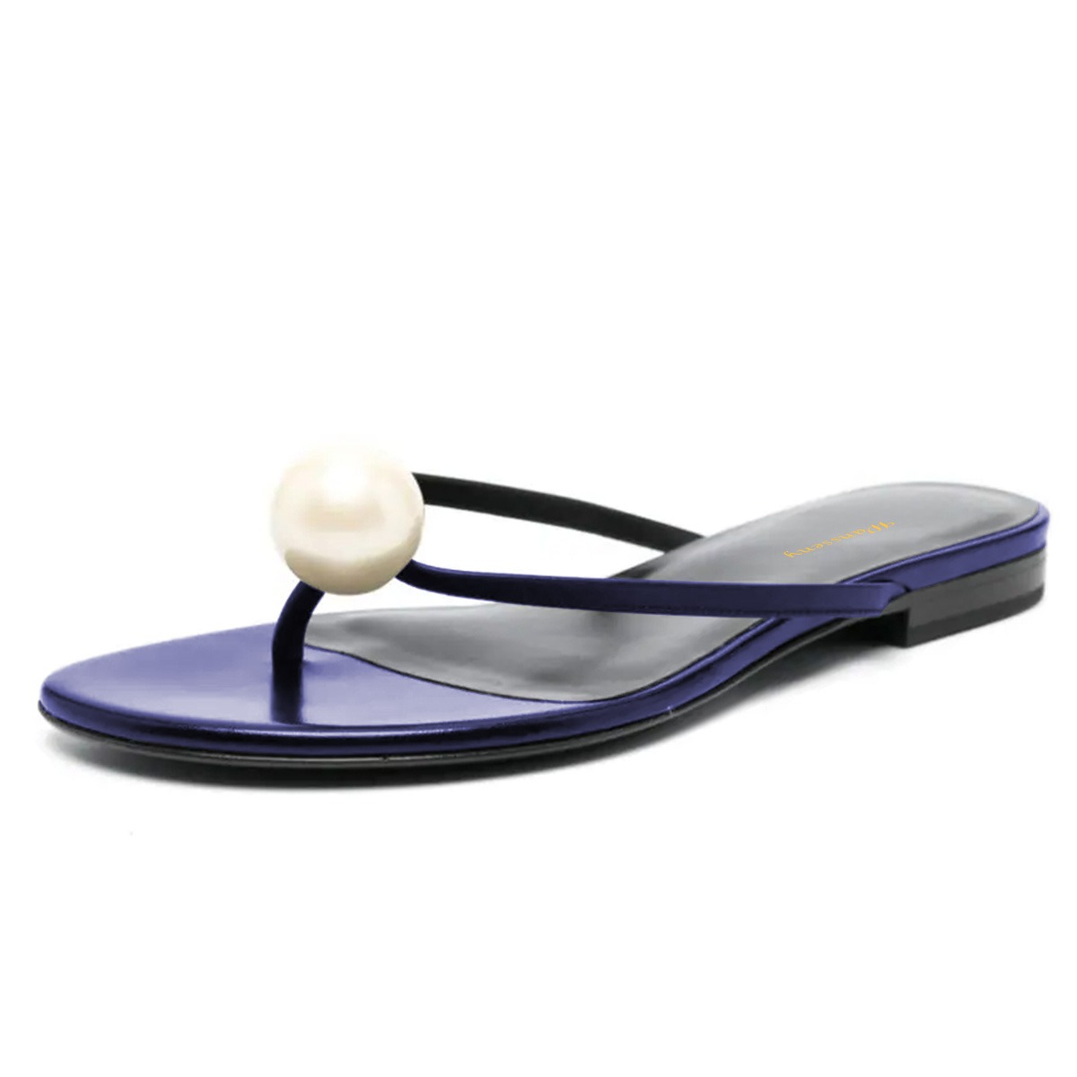 Navy Vegan Leather Flip Flop Slip On Pearl Flat Sandals for Women Nicepairs