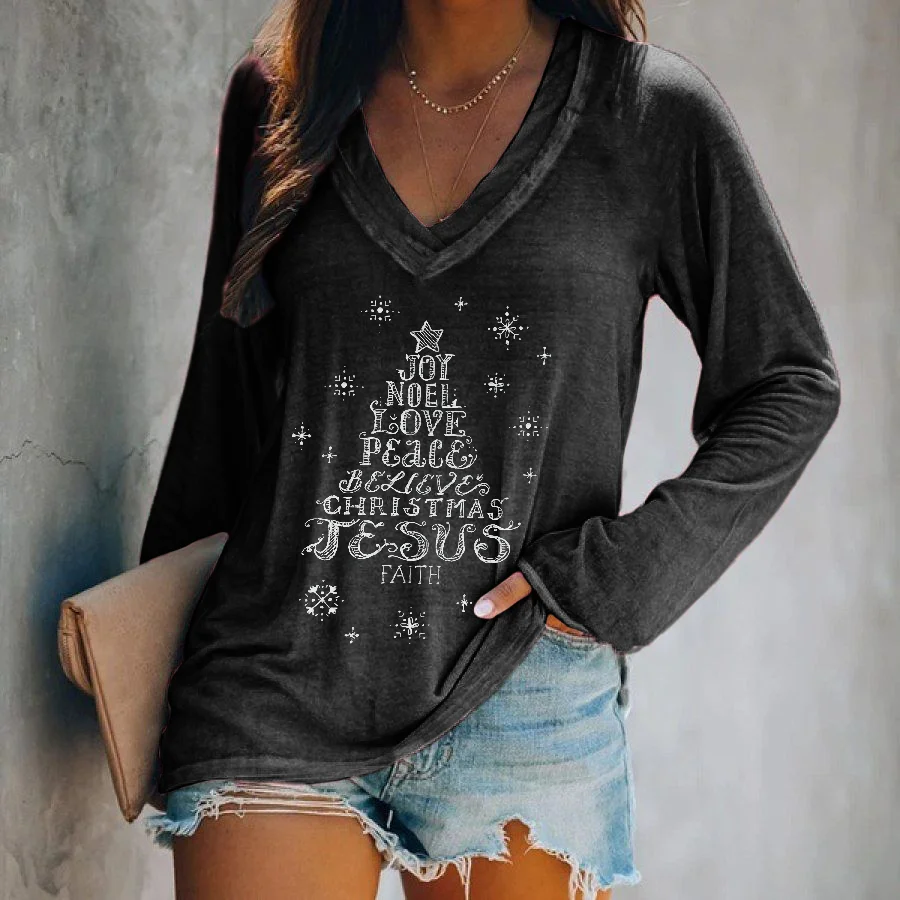 Joy Noel Love Peace Believe Christmas Jesus Faith Printed Long Sleeve T-shirt